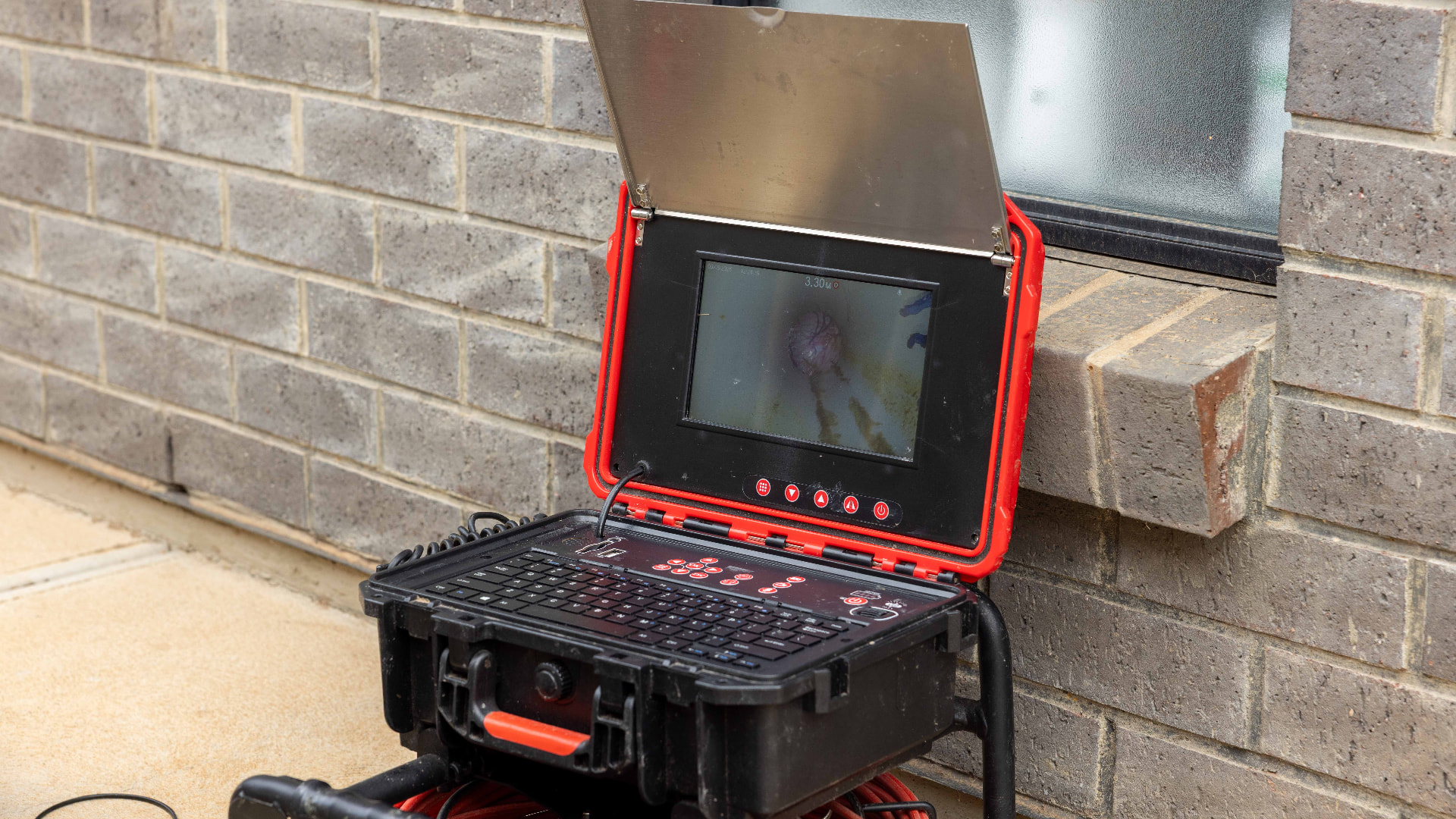 CCTV drain camera monitor showing a blocked Adelaide sewer line